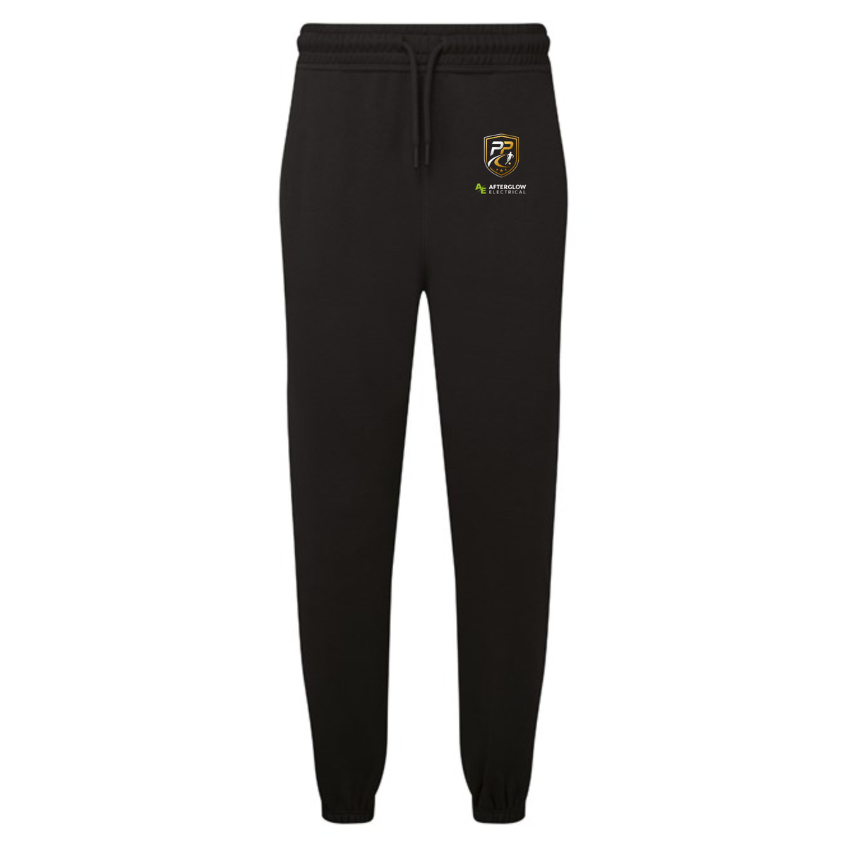 Prime Path Football Coaching adults' joggers in black with club crest and Afterglow Electrical logo on the left thigh