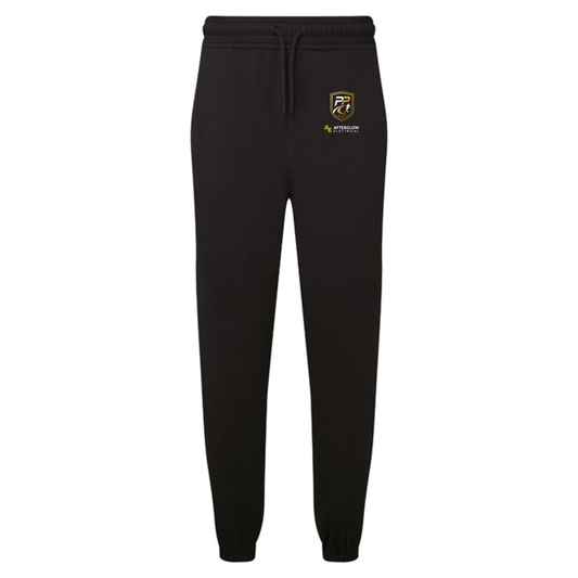 Prime Path Football Coaching adults' joggers in black with club crest and Afterglow Electrical logo on the left thigh