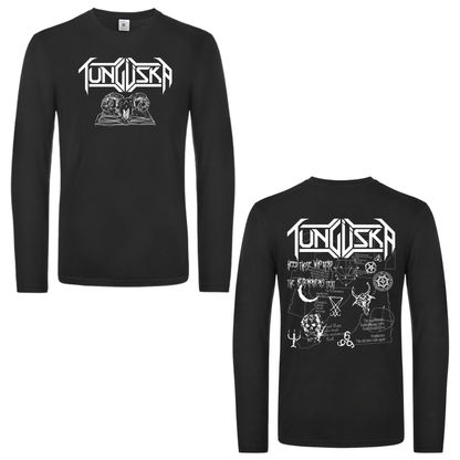 Tunguska Necronomicon long sleeve T-shirt in black, front and back: logo and ram skull on the chest, full Necronomicon print on the back