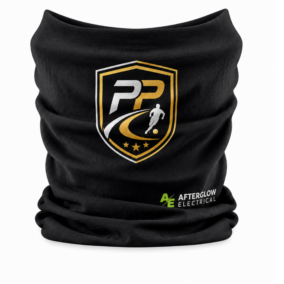 Prime Path Football Coaching kids' snood in black with club crest and Afterglow Electrical logo