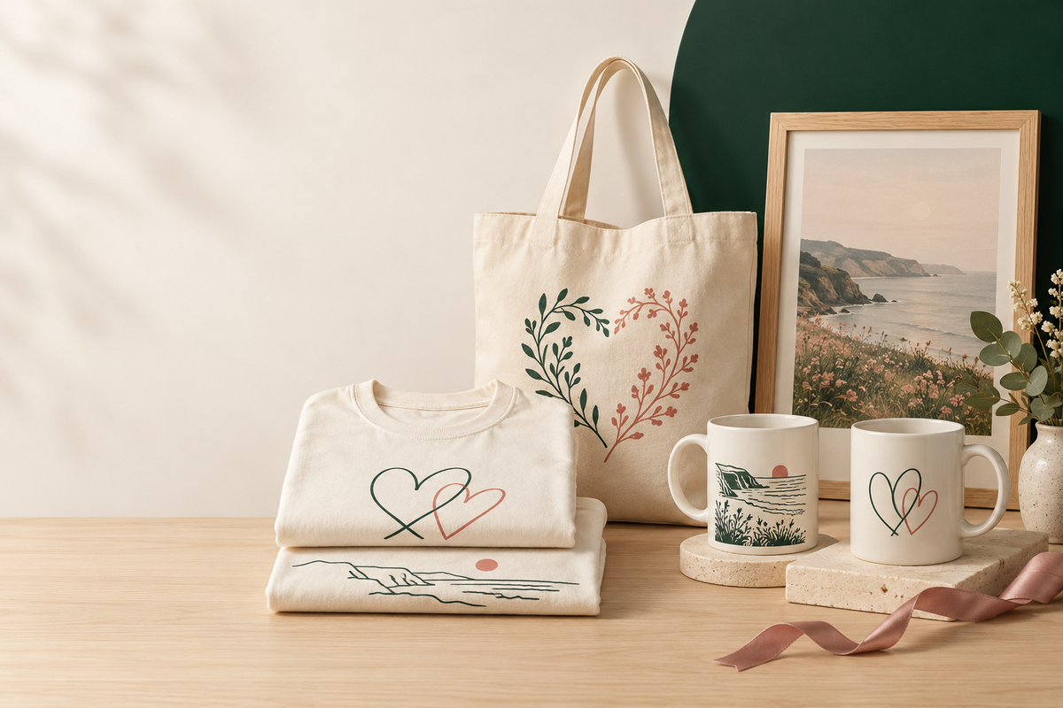 Tote bag, T-shirts and mugs printed with hearts, with a framed coastal photo