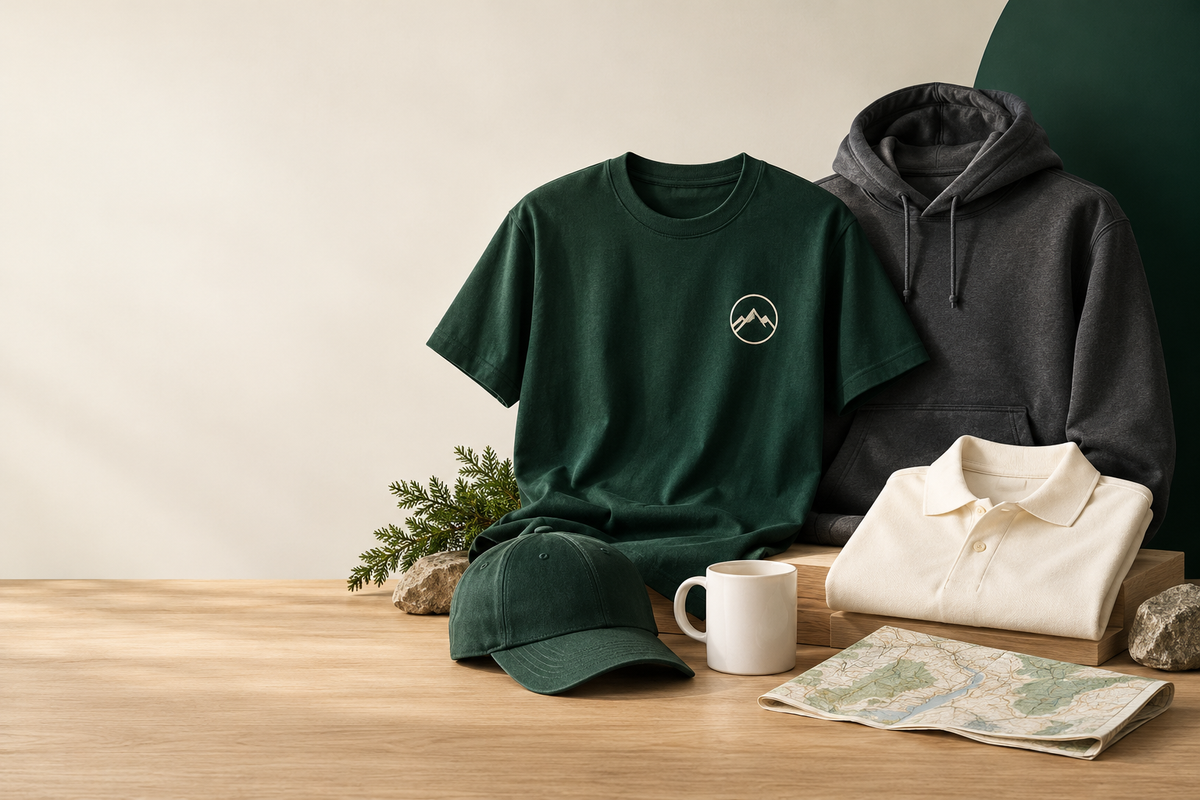 Green T-shirt, grey hoodie, cream polo, cap, mug and a map laid out for a weekend away