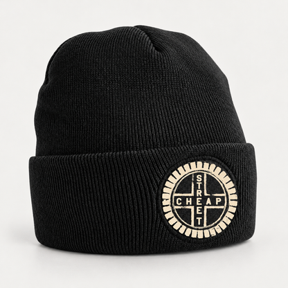 Cheap Street logo beanie in black with the circular Cheap Street emblem in warm cream on the cuff
