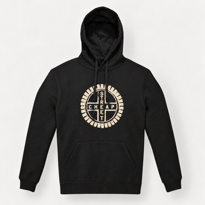 Cheap Street logo hoodie in black with the circular Cheap Street emblem in warm cream on the chest