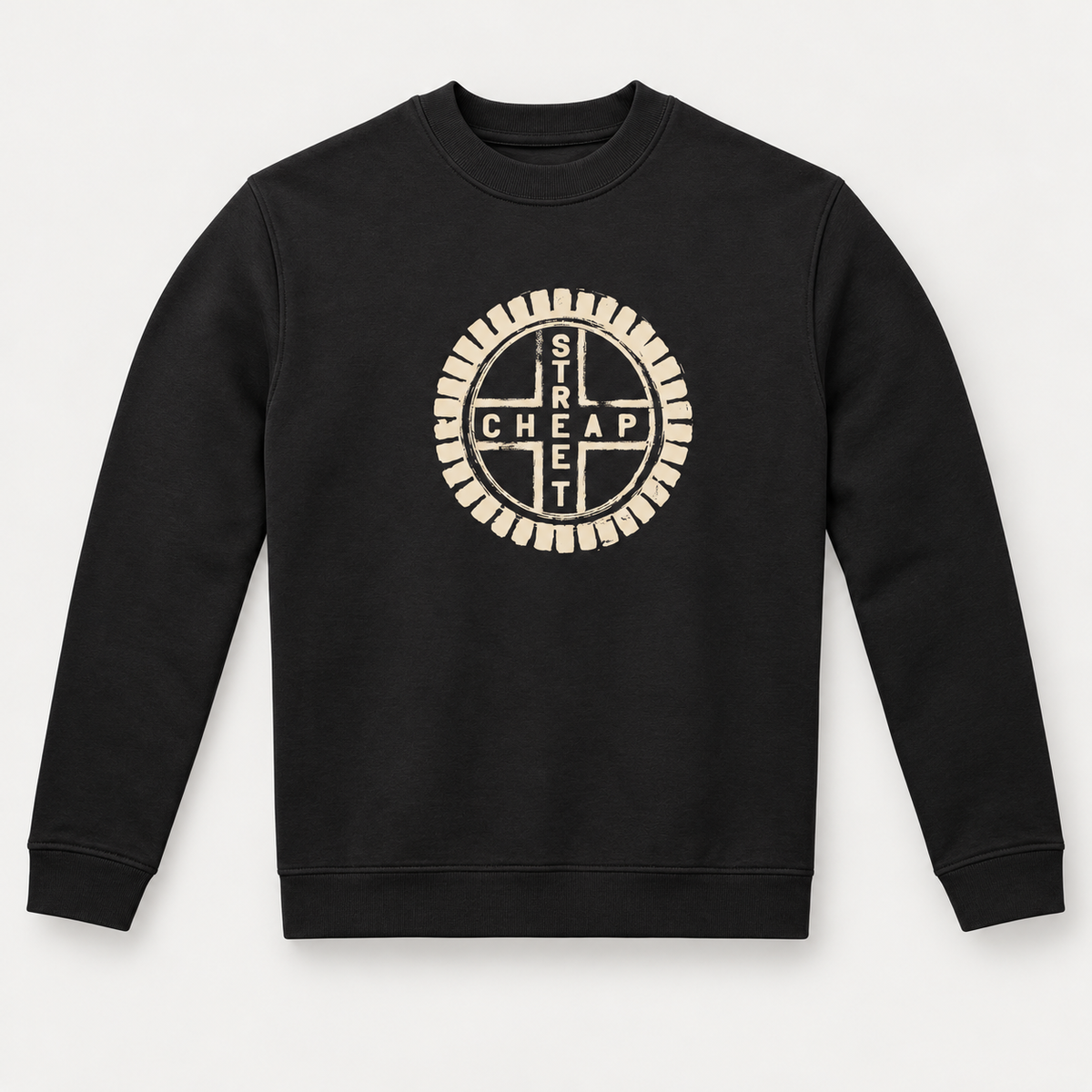 Cheap Street logo sweatshirt in black with the circular Cheap Street emblem in warm cream on the chest