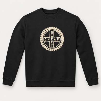 Cheap Street logo sweatshirt in black with the circular Cheap Street emblem in warm cream on the chest