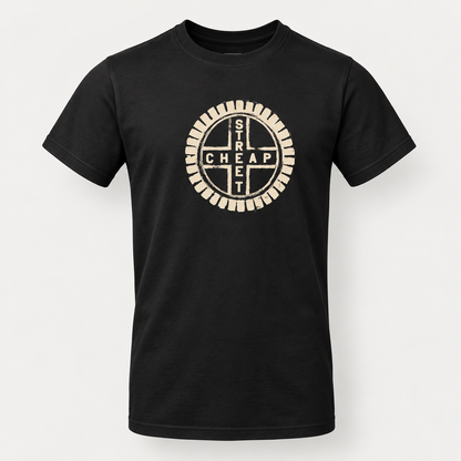 Cheap Street logo T-shirt in black with the circular Cheap Street emblem in warm cream on the chest