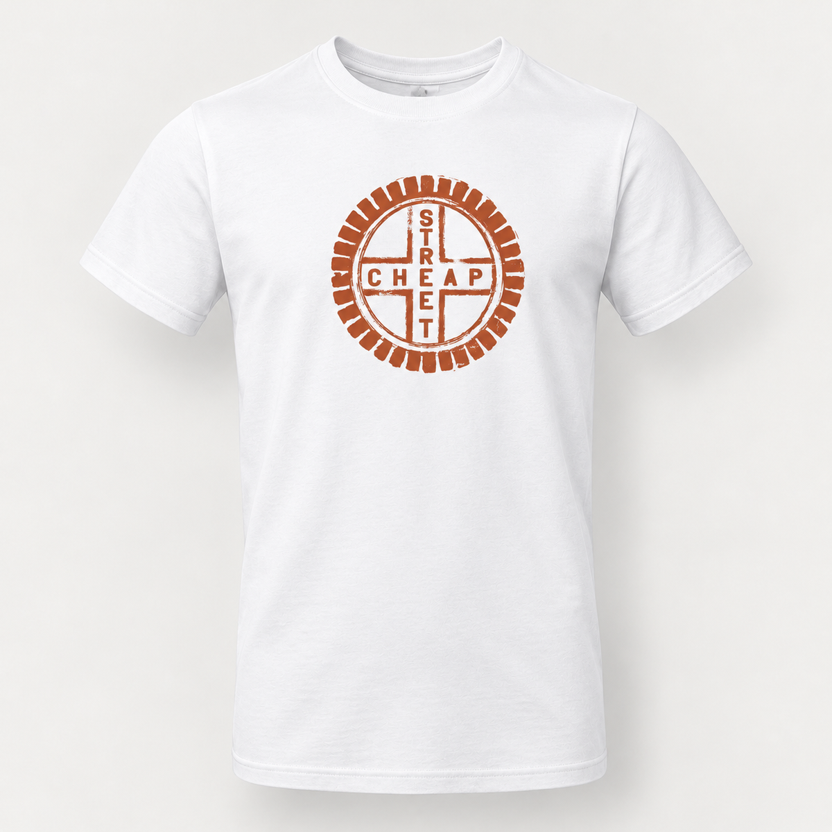Cheap Street logo T-shirt in white with the circular Cheap Street emblem in terracotta on the chest