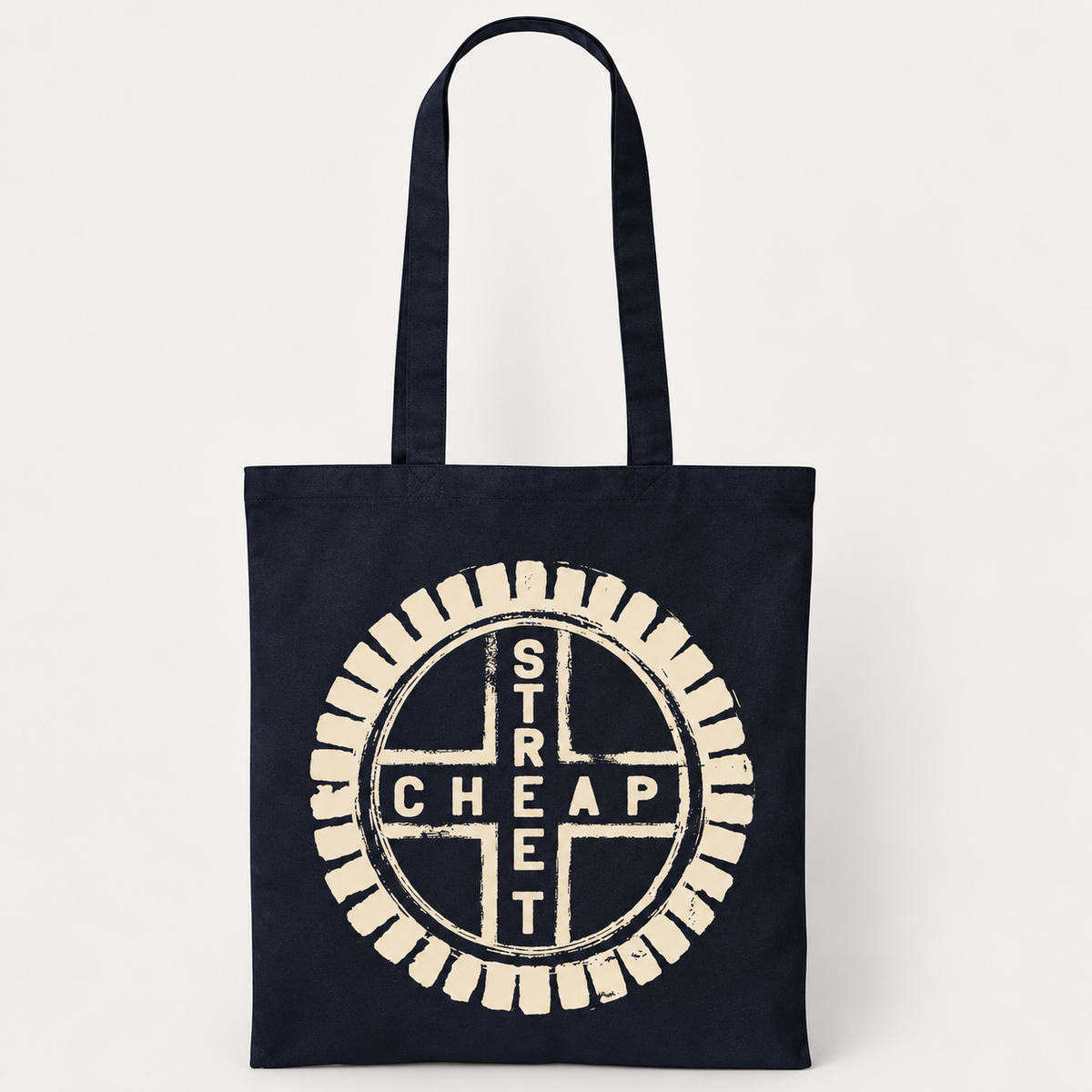 Cheap Street logo tote bag with a large circular Cheap Street emblem in warm cream on the front