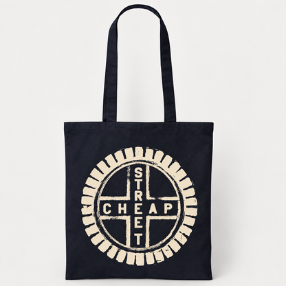 Cheap Street logo tote bag with a large circular Cheap Street emblem in warm cream on the front