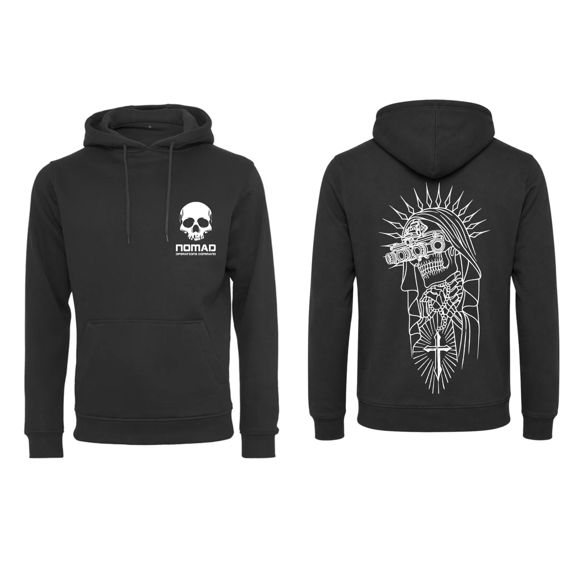 Nomad Operations Command Night Saint hoodie in black, front and back