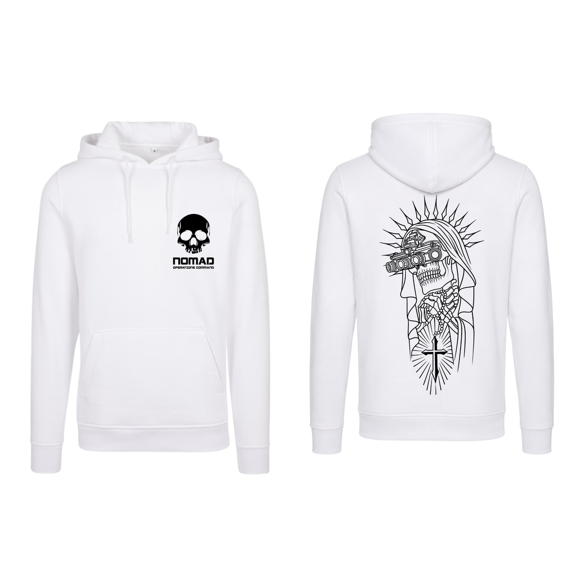 Nomad Operations Command Night Saint hoodie in white, front and back