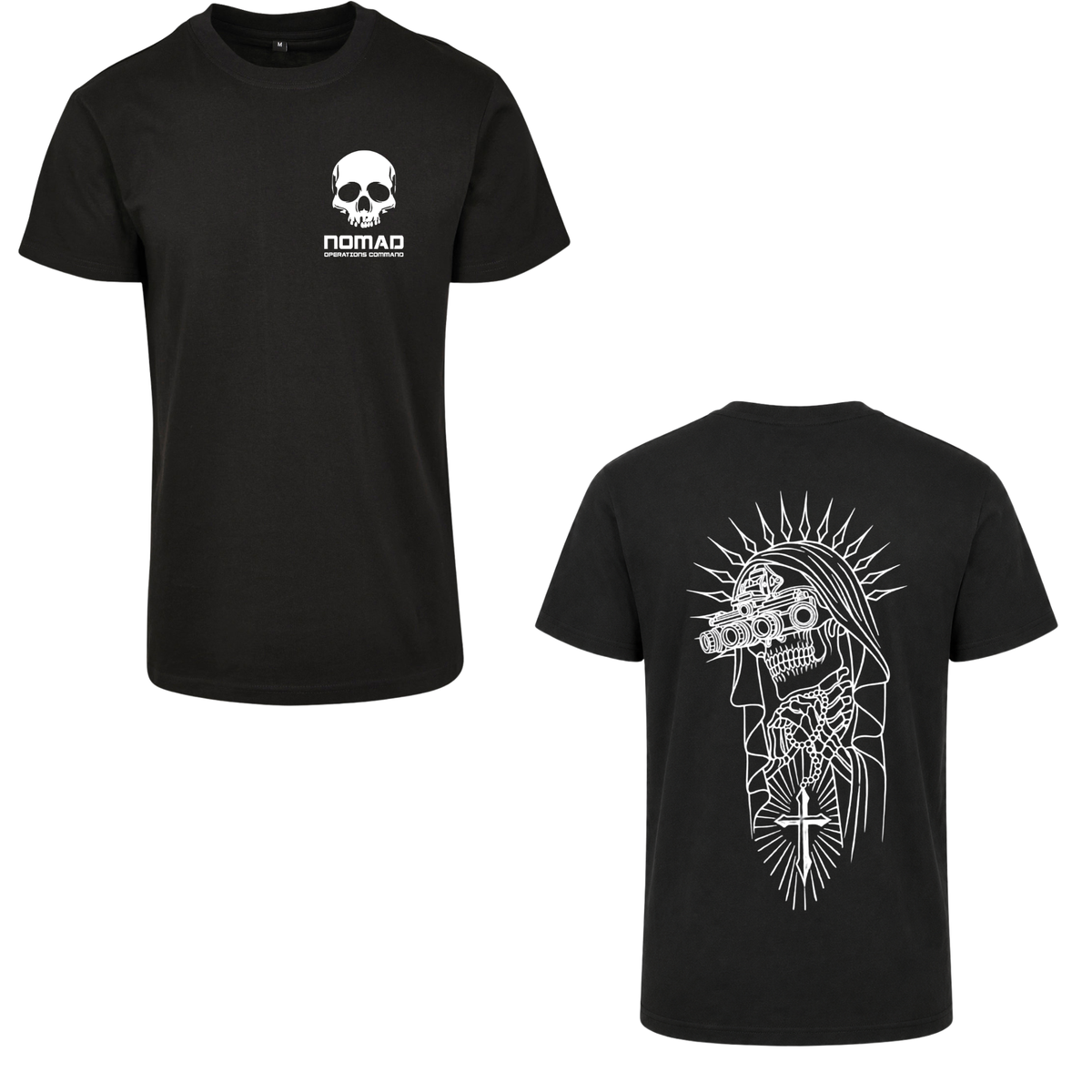 Nomad Operations Command Night Saint T-shirt in black, front and back