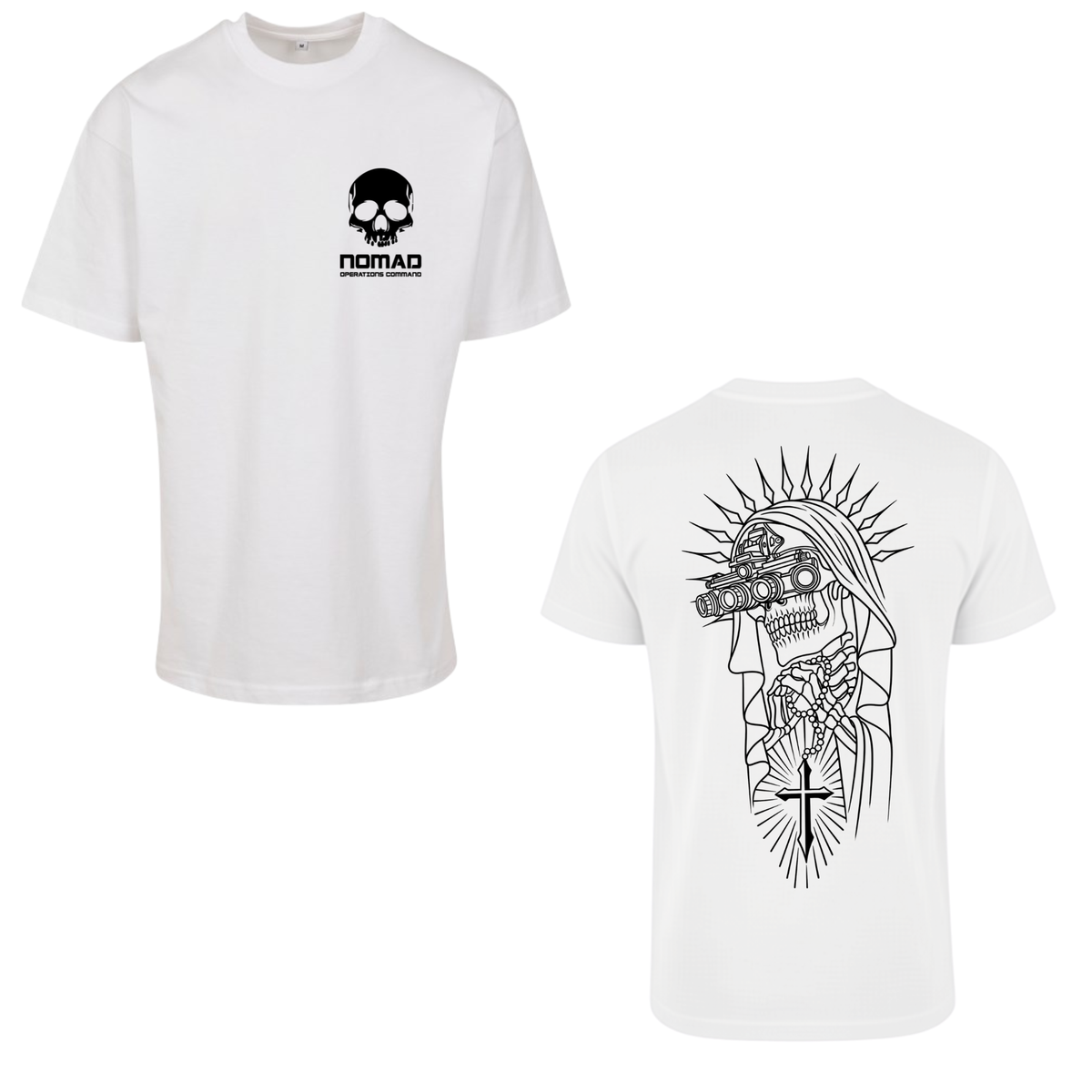Nomad Operations Command Night Saint T-shirt in white, front and back