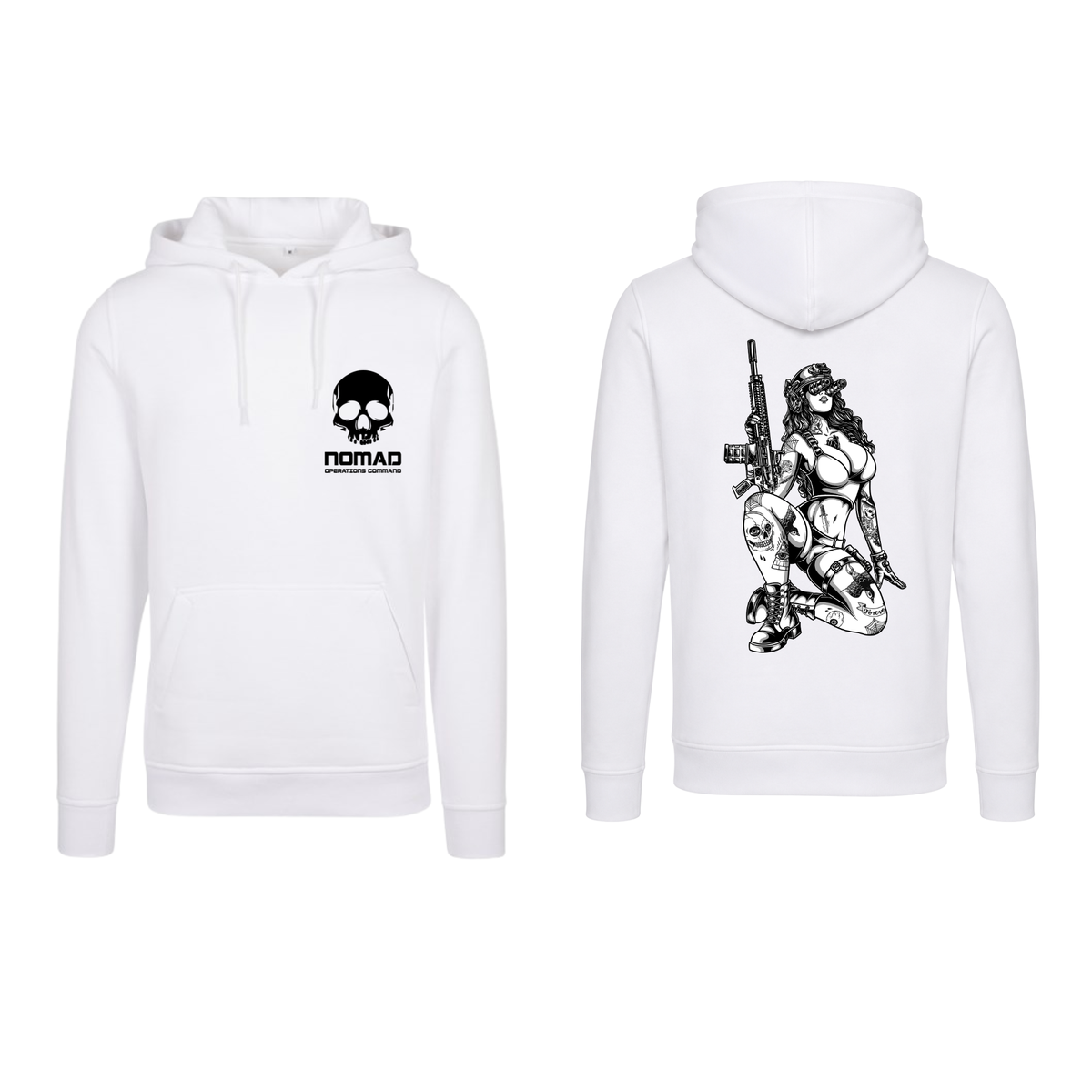 Nomad Operations Command Trixie hoodie in white, front and back