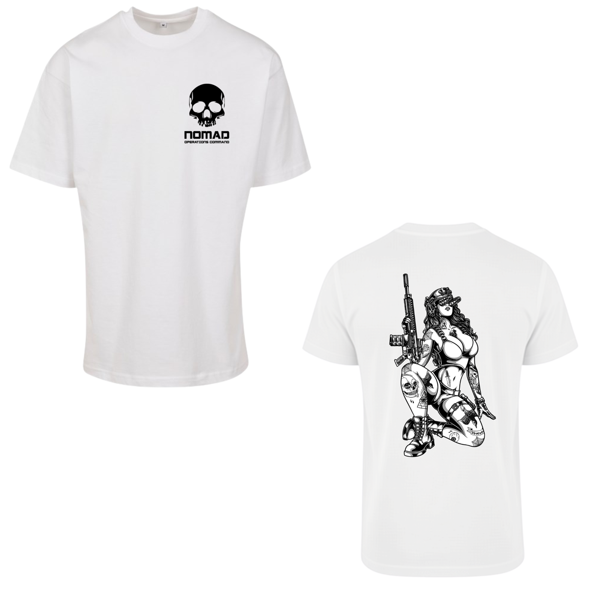 Nomad Operations Command Trixie T-shirt in white, front and back