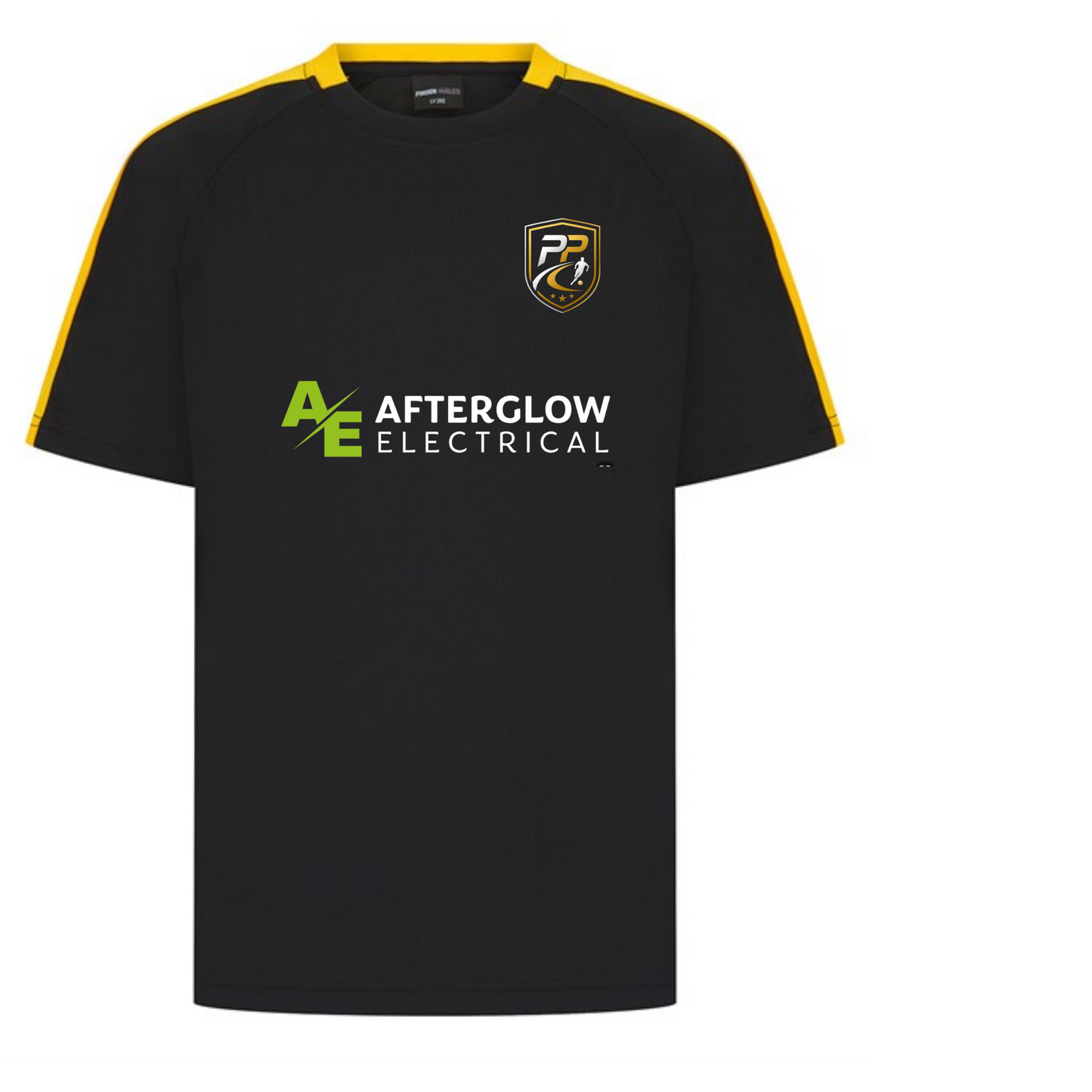 Prime Path Football Coaching adults' football top in black with gold sleeve panels and Afterglow Electrical chest print
