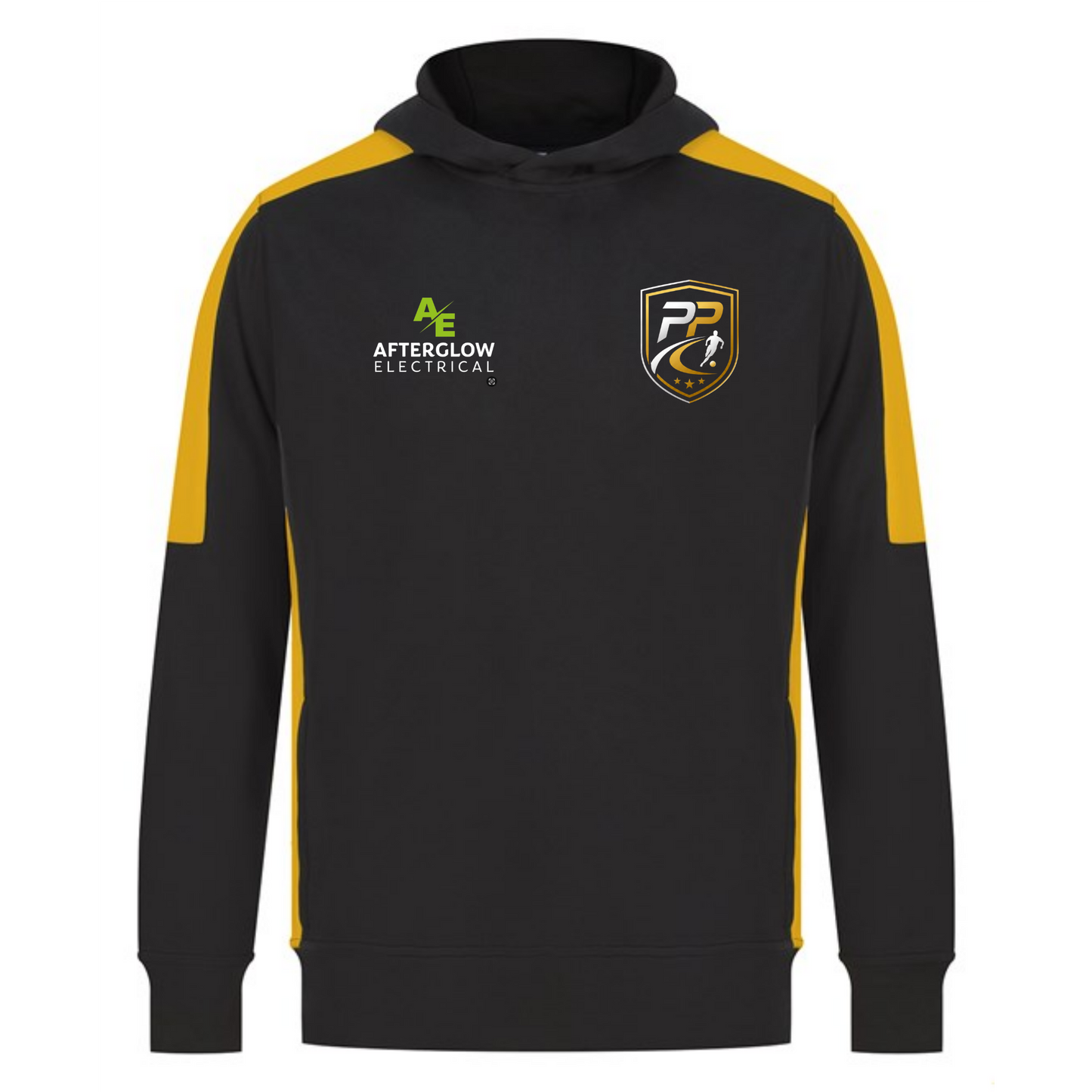 Prime Path Football Coaching adults' hoodie in black with gold shoulder panels and club crest