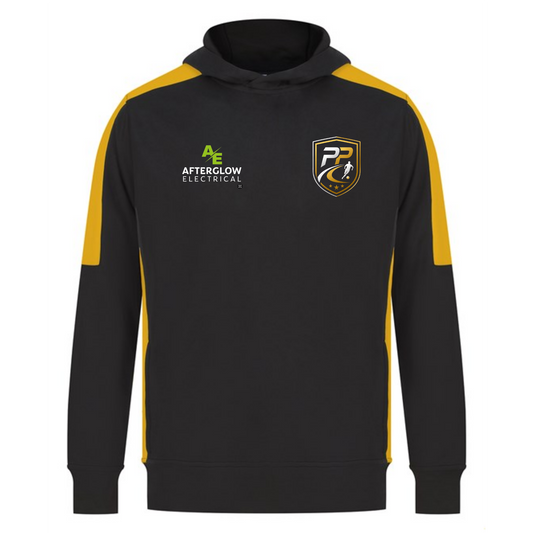 Prime Path Football Coaching adults' hoodie in black with gold shoulder panels and club crest