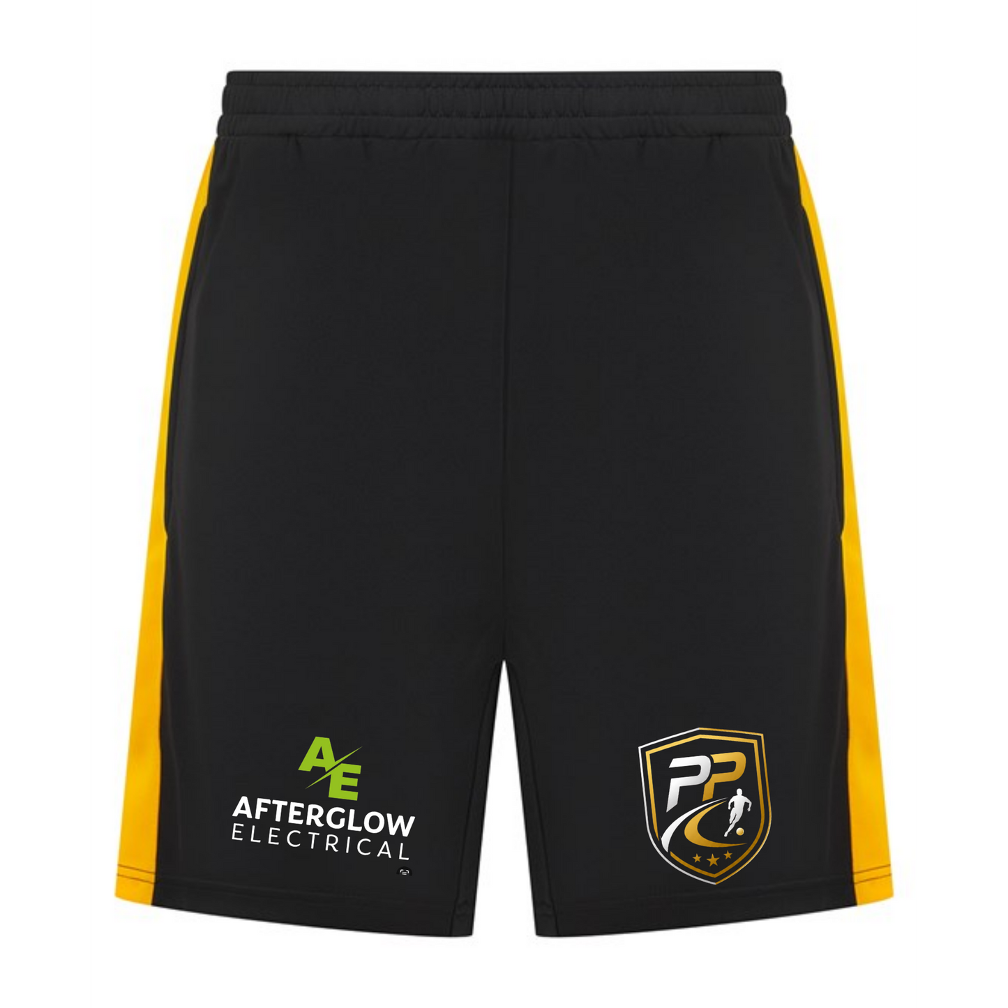 Prime Path Football Coaching adults' shorts in black with gold contrast side panels and club crest