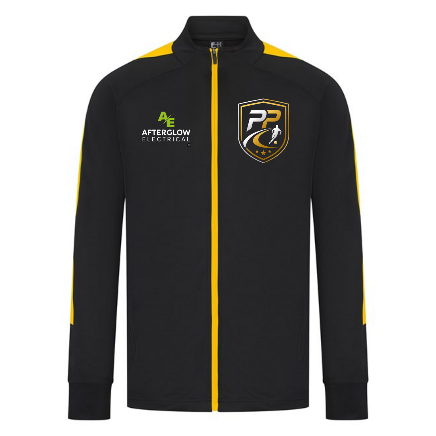 Prime Path Football Coaching adults' full-zip tracksuit top in black with gold shoulder panels and club crest