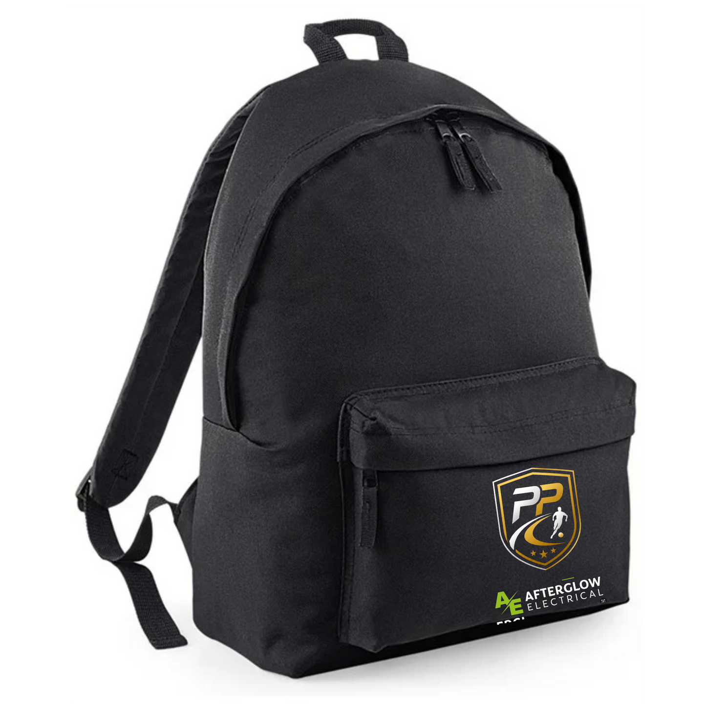 Prime Path Football Coaching black backpack with club crest and Afterglow Electrical logo on the front pocket