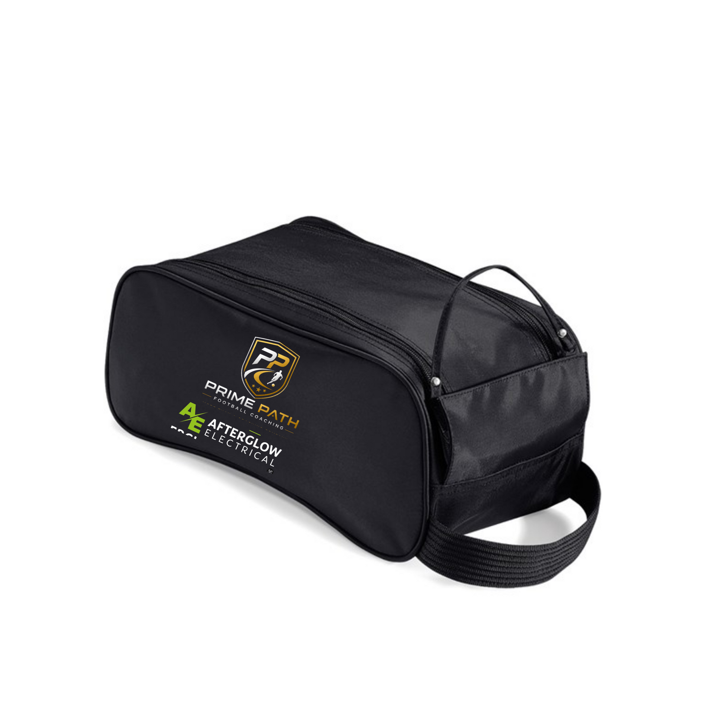 Prime Path Football Coaching black shoe bag with club crest, wordmark and Afterglow Electrical logo