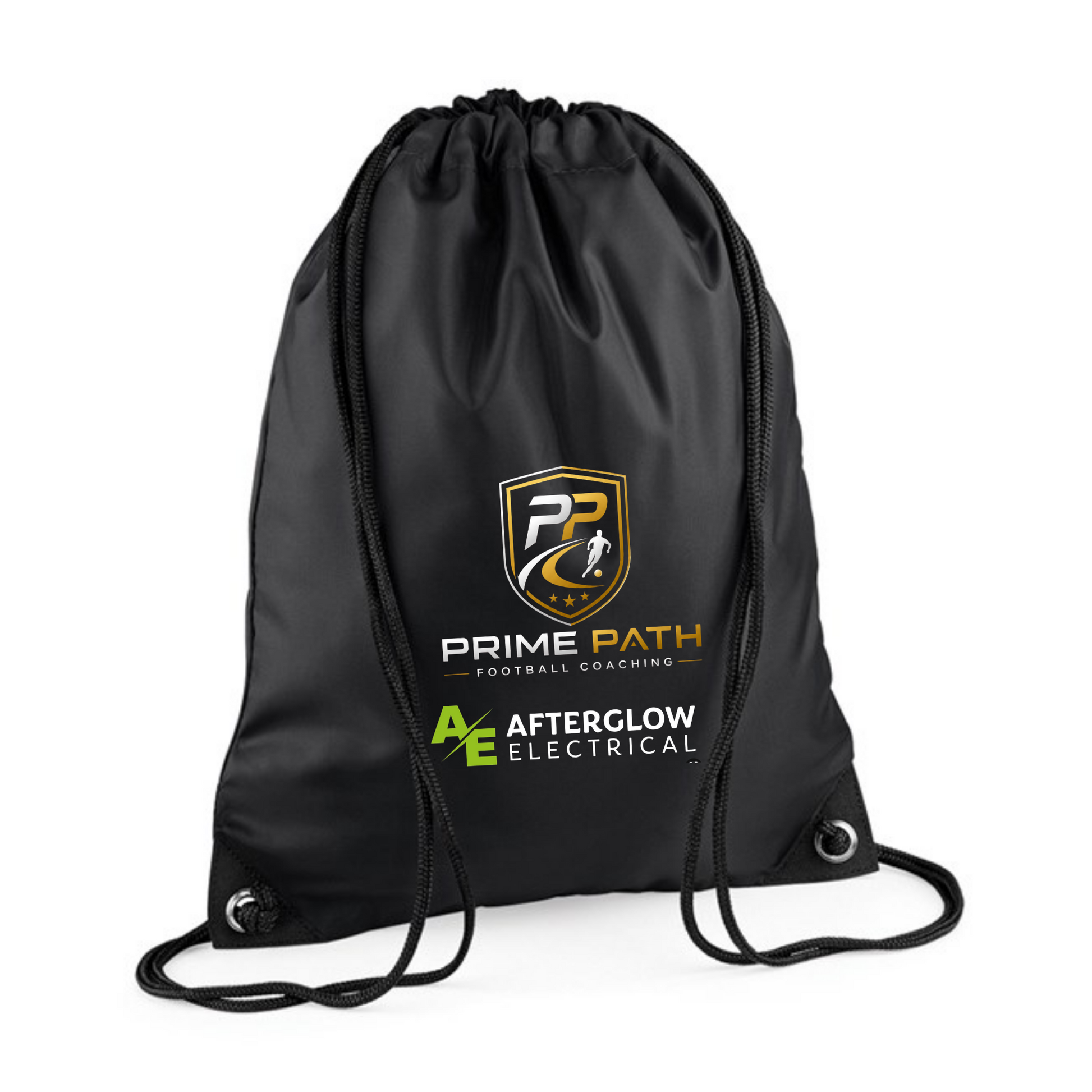 Prime Path Football Coaching black drawstring gym sac with club crest, wordmark and Afterglow Electrical logo