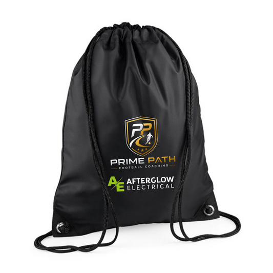 Prime Path Football Coaching black drawstring gym sac with club crest, wordmark and Afterglow Electrical logo