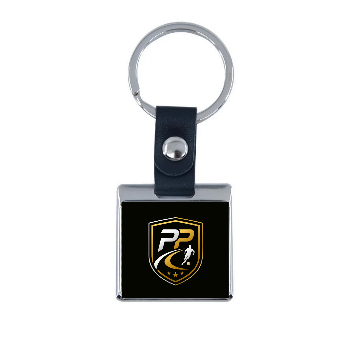 Prime Path Football Coaching square leather keyring with the club crest on a black face