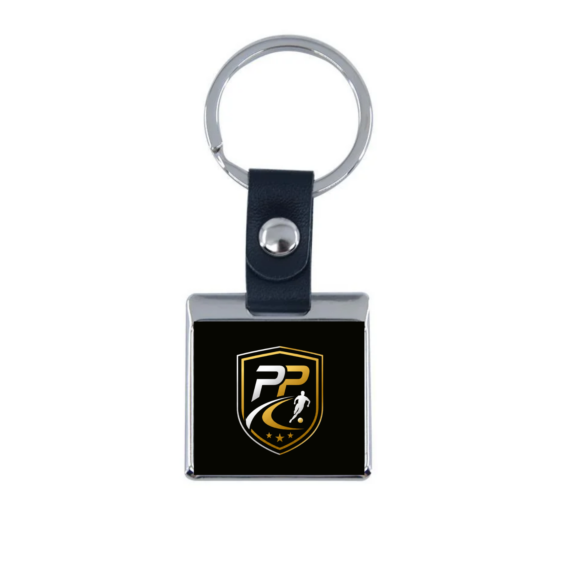 Prime Path Football Coaching square leather keyring with the club crest on a black face