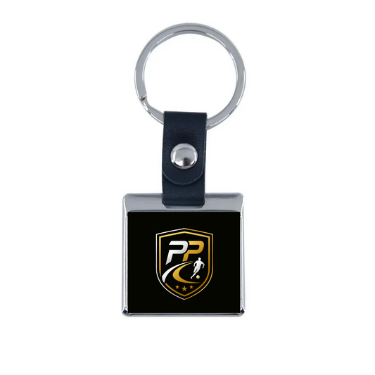 Prime Path Football Coaching square leather keyring with the club crest on a black face