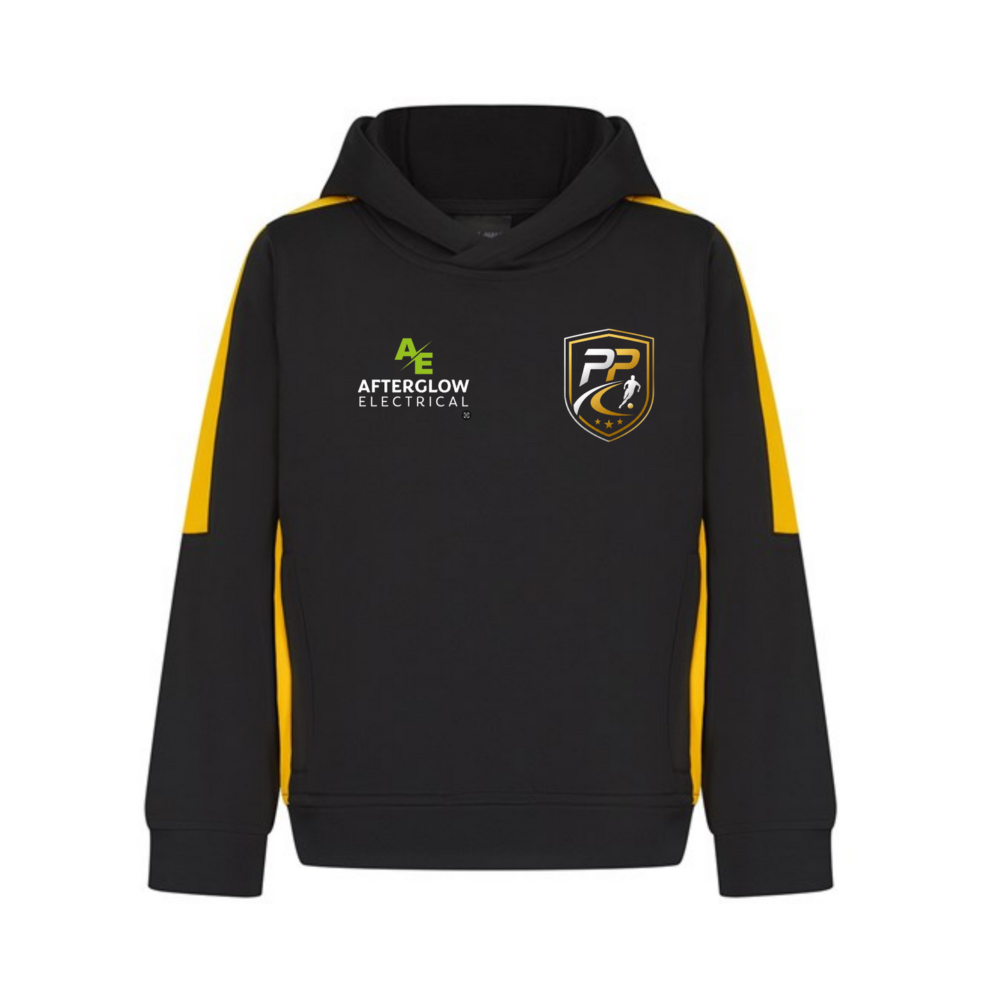Prime Path Football Coaching kids' hoodie in black with gold contrast panels and club crest