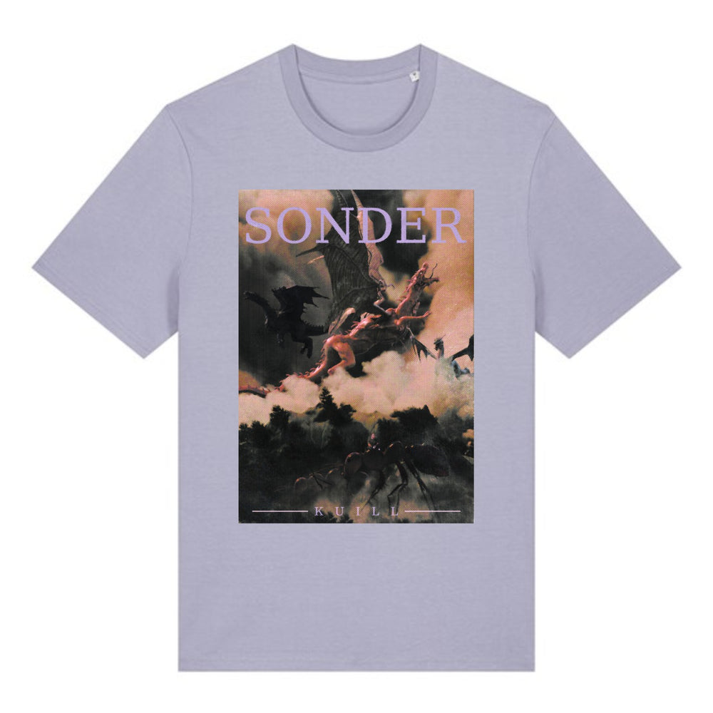 Lilac T-shirt with the same tall illustrated Sonder print: dragons above clouds and forest, an ant in the foreground, SONDER in lilac lettering and KUILL beneath