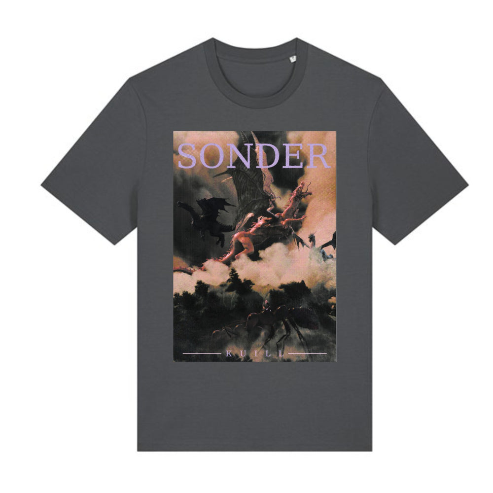 Charcoal T-shirt with a tall illustrated Sonder print: dragons above clouds and forest, an ant in the foreground, SONDER in lilac lettering and KUILL beneath