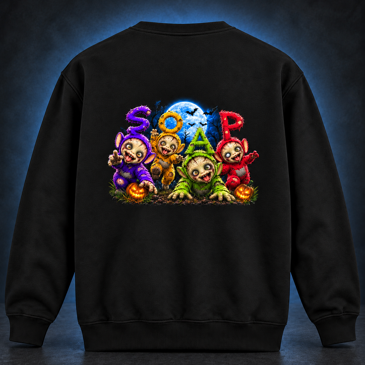 Back of a black crew-neck sweatshirt with SOAP's After Dark artwork printed on the back