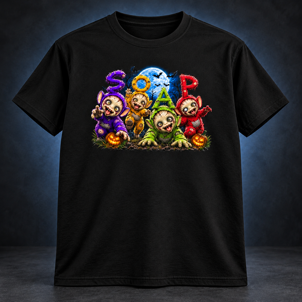Front of a black T-shirt with SOAP's Halloween artwork printed across the chest